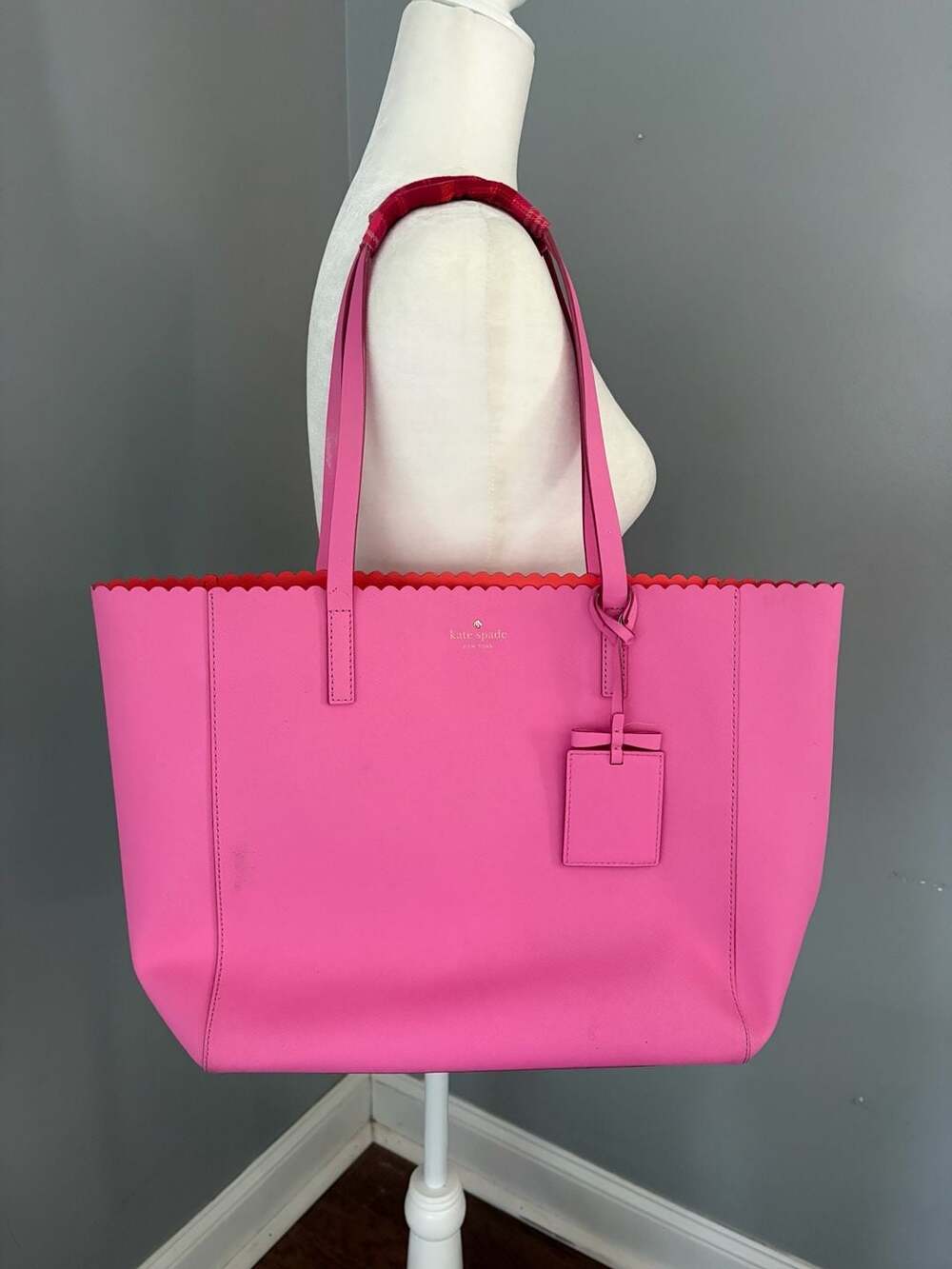 Kate Spade New York Pink Scalloped Tote Bag with Plaid Handles